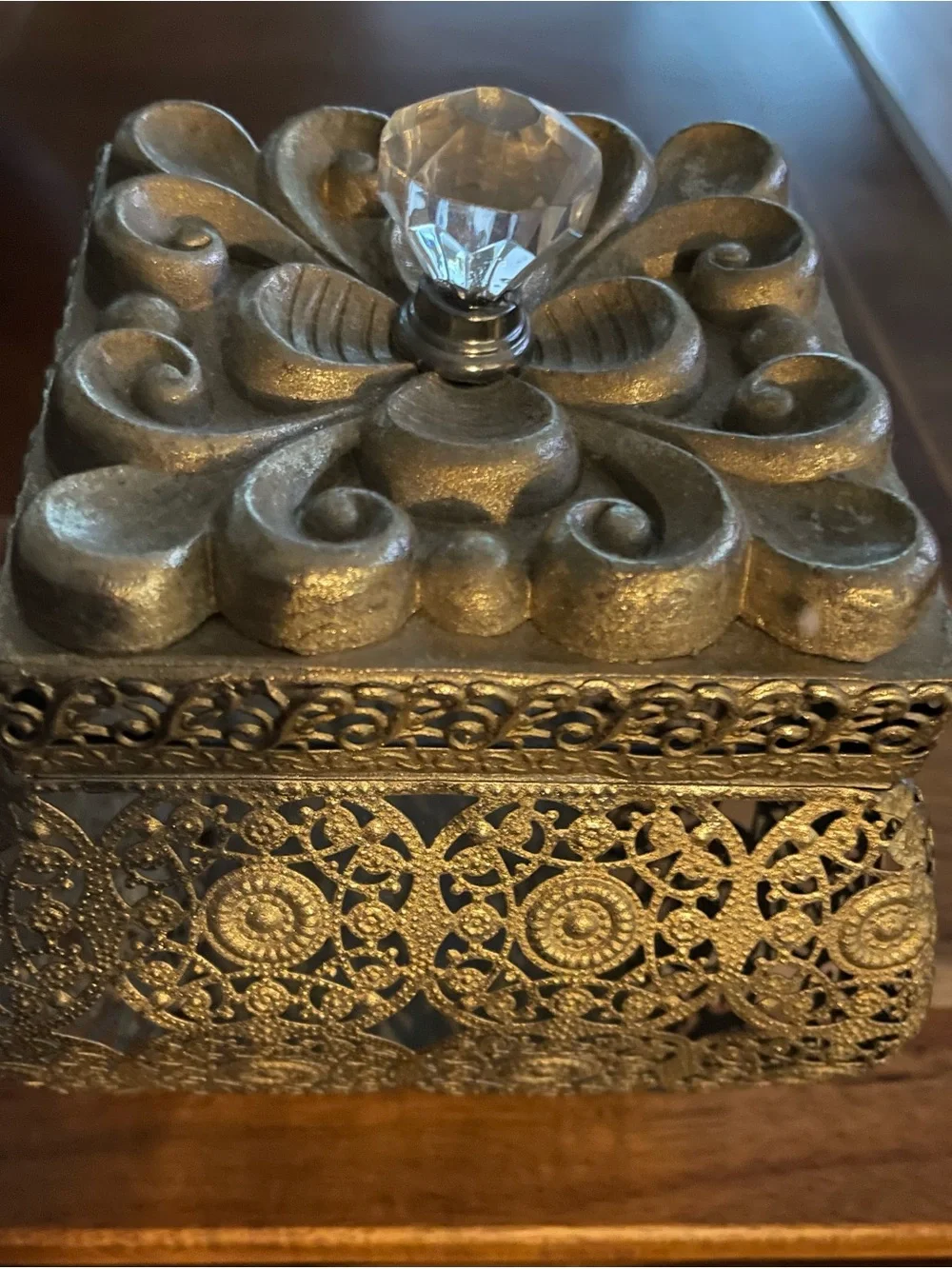 Decorative Gold Filigree Jewelry Box with Crystal Knob